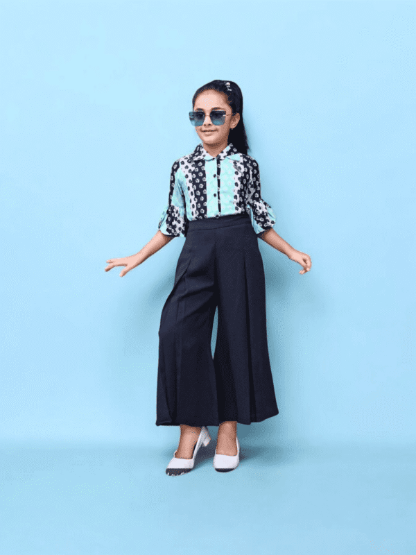 Trendy Printed Top and Navy Blue Plazo Set for Girls
