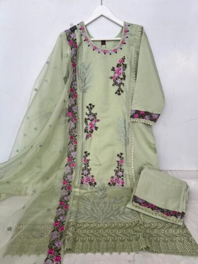 Pista Green Roman Silk Embroidered Suit with Dupatta