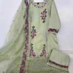 Pista Green Roman Silk Embroidered Suit with Dupatta