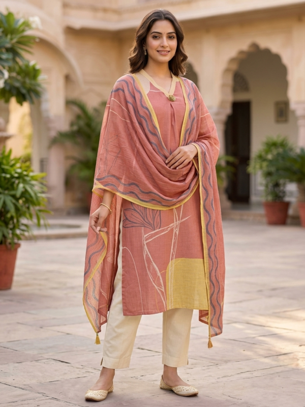 Homepage 6 Elegant Peach Abstract Botanical 3-Piece Straight Kurta Set